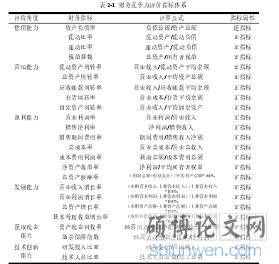 表 2-1  财务竞争力评价指标体系
