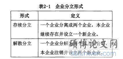 表2-1企业分立形式