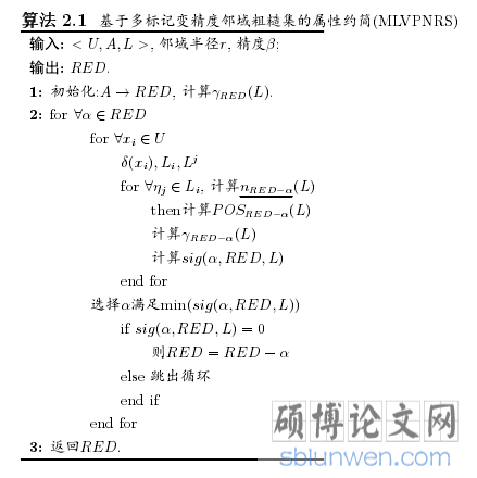 算法 2.1 基于多标记变精度邻域粗糙集的属性约简(MLVPNRS)