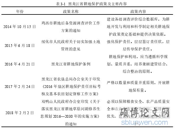 表 3-1 黑龙江省耕地保护政策及主要内容