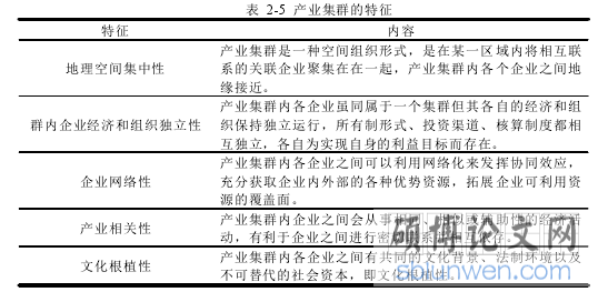 表 2-5 产业集群的特征