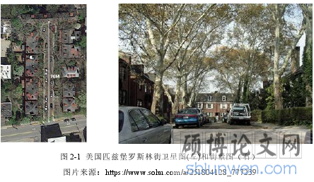 图 2-1 美国匹兹堡罗斯林街卫星图(左)和街景图(右)