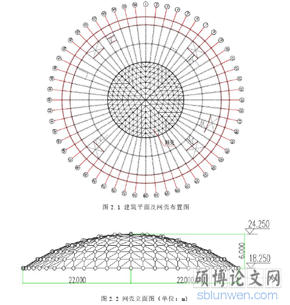 图 2.1 建筑平面及网壳布置图