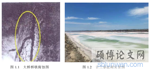 图 1.1 大桥桥墩腐蚀图 图 1.2 吉兰泰盐湖实景图