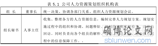 表 5.1 公司人力资源策划组织机构表
