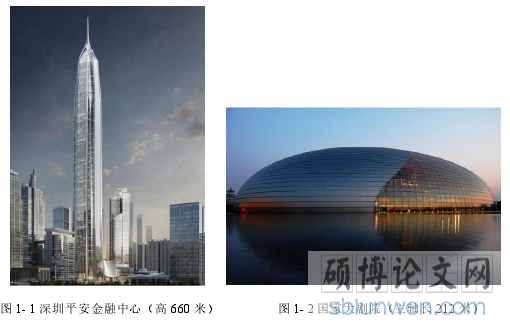 图 1- 1 深圳平安金融中心（高 660 米） 图 1- 2 国家大剧院（主轴长 212 米）