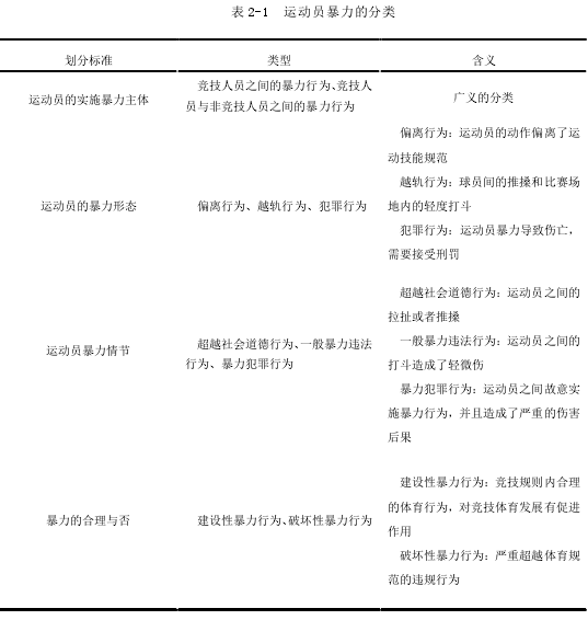 表 2-1 运动员暴力的分类