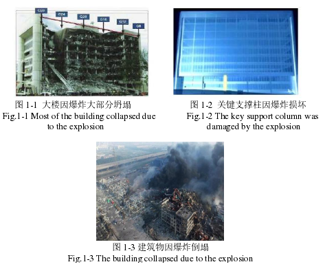图 1-1 大楼因爆炸大部分坍塌 图 1-2 关键支撑柱因爆炸损坏