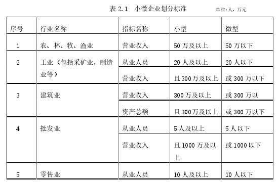 表 2.1 小微企业划分标准 单位:人、万元