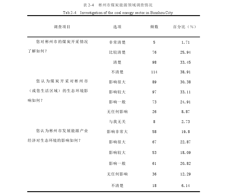 表 2-4 彬州市煤炭能源领域调查情况