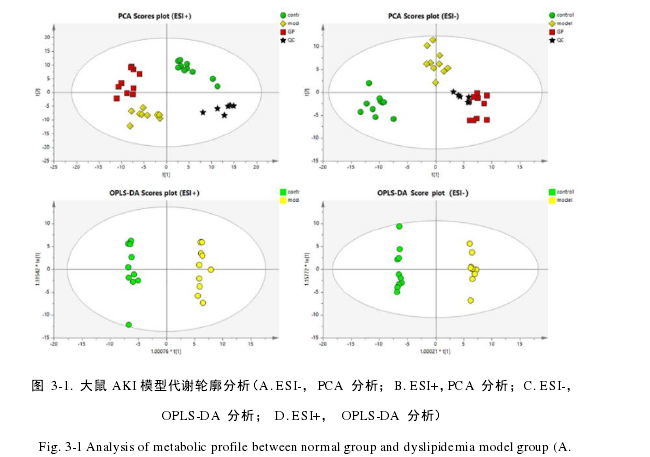 图 3-1. 大鼠 AKI 模型代谢轮廓分析(A. ESI-, PCA 分析; B. ESI+,PCA 分析; C. ESI-, OPLS-DA 分析; D. ESI+, OPLS-DA 分析)