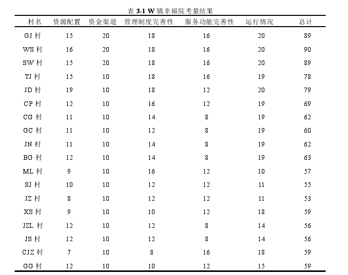 表 3-1 W 镇幸福院考量结果